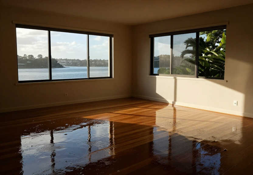 Flood-damaged living room in Pennant Hills before restoration